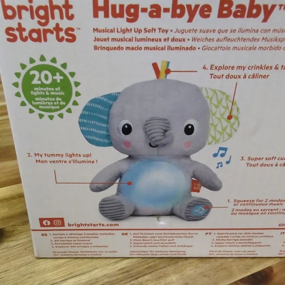 Bright Starts Hug-a-Bye Baby Elephant Stuffed Animal Musical‎ Light Up Soft Toy